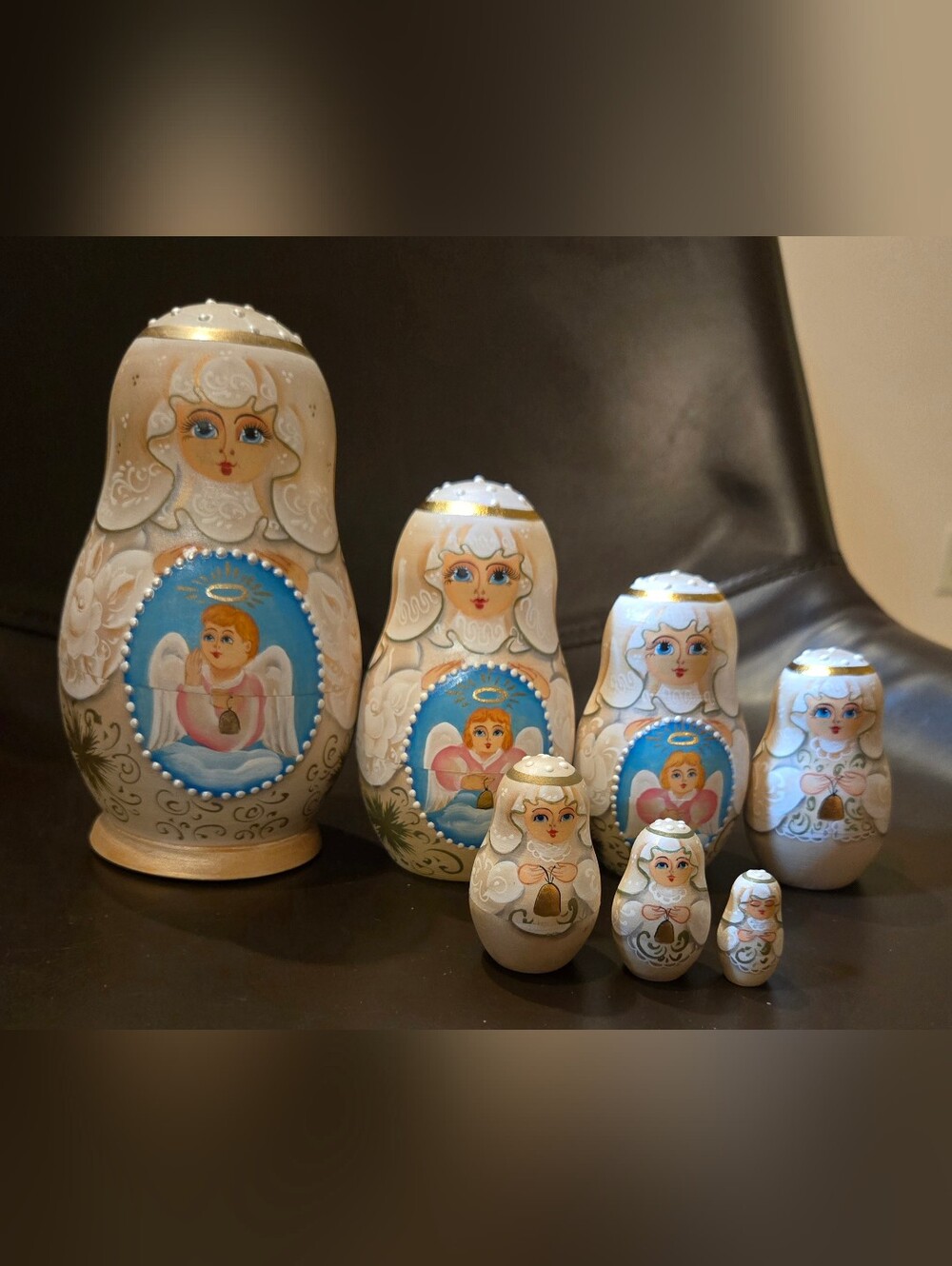 Vintage Hand Painted Angel Russian Nesting Dolls Matryoshka 7 Piece Religious Wo